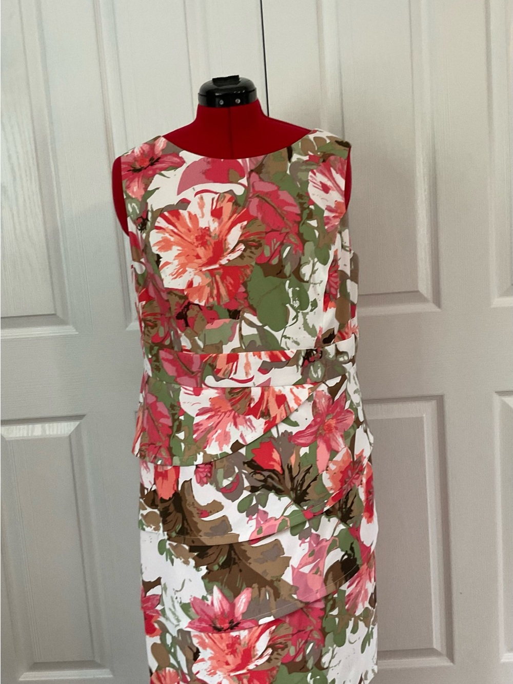 dressbarn Pink and Green Floral Ruffle Sheath Dress